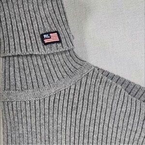 Vintage Y2K Ribbed Embroidered Flag Polo Ralph Lauren Gray Turtleneck Sweater